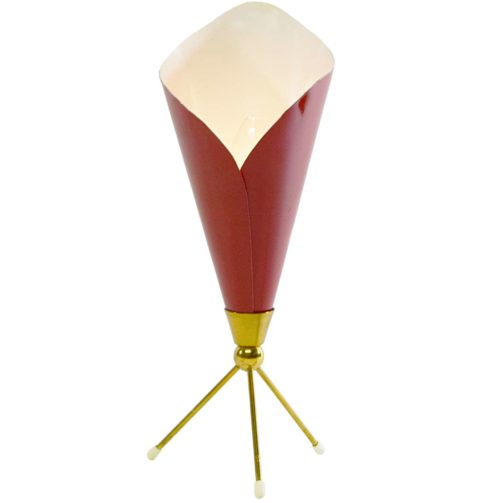 Angelo Lelii Calla table lamp brass tripod base conical folded red flower lampshade 1950s 1960s Arredoluce