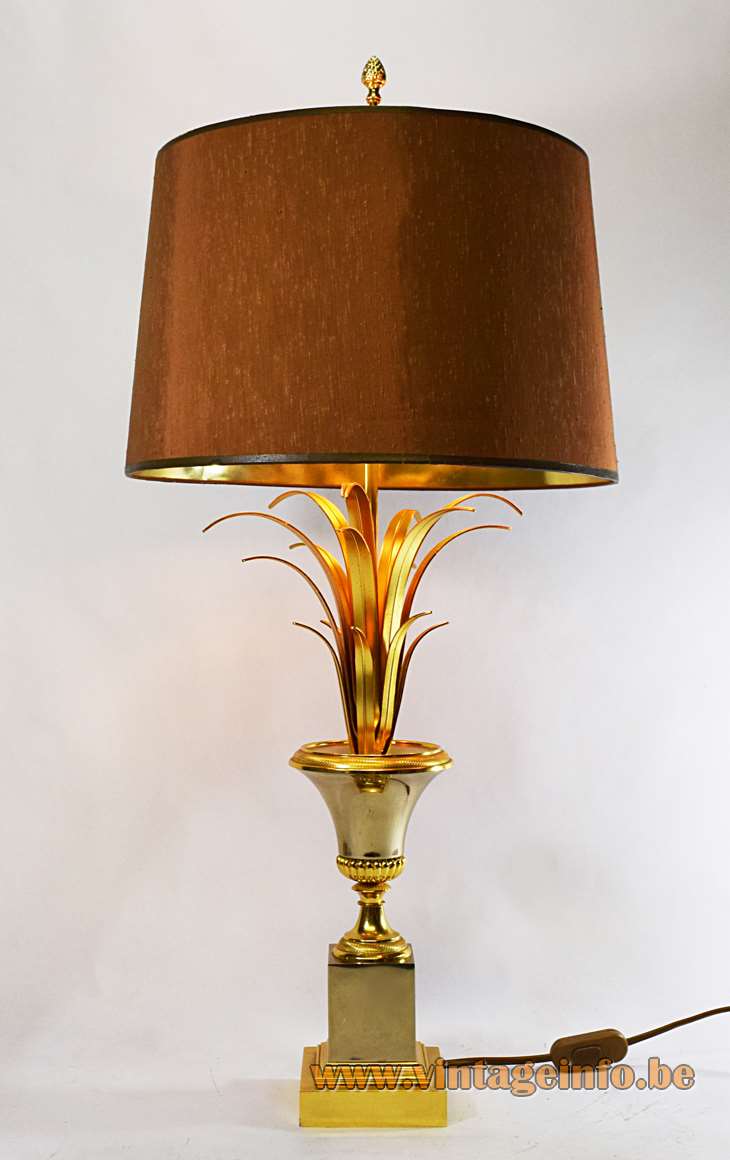 Boulanger reed table lamps square chrome base brass palm leaves & urn round fabric lampshade 1960s 1970s