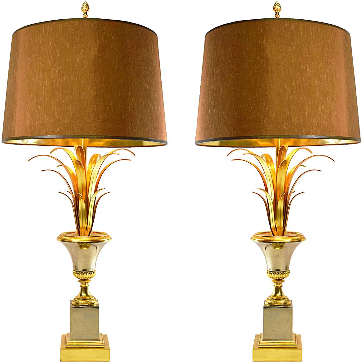 Boulanger Reed Table Lamps, chrome, brass, fabric lampshade, square base, palm, urn 1960s, 1970s