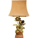 Brass poppies table lamp square wood base burned metal flower petals & needle pistils pagoda lampshade 1970s