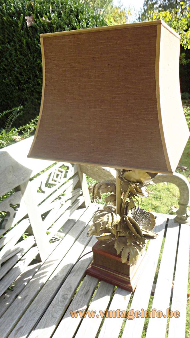 Brass poppies table lamp square wood base burned metal flower petals & needle pistils pagoda lampshade 1970s