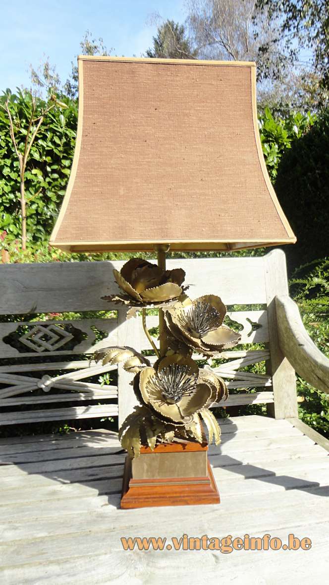 Brass poppies table lamp square wood base burned metal flower petals & needle pistils pagoda lampshade 1970s