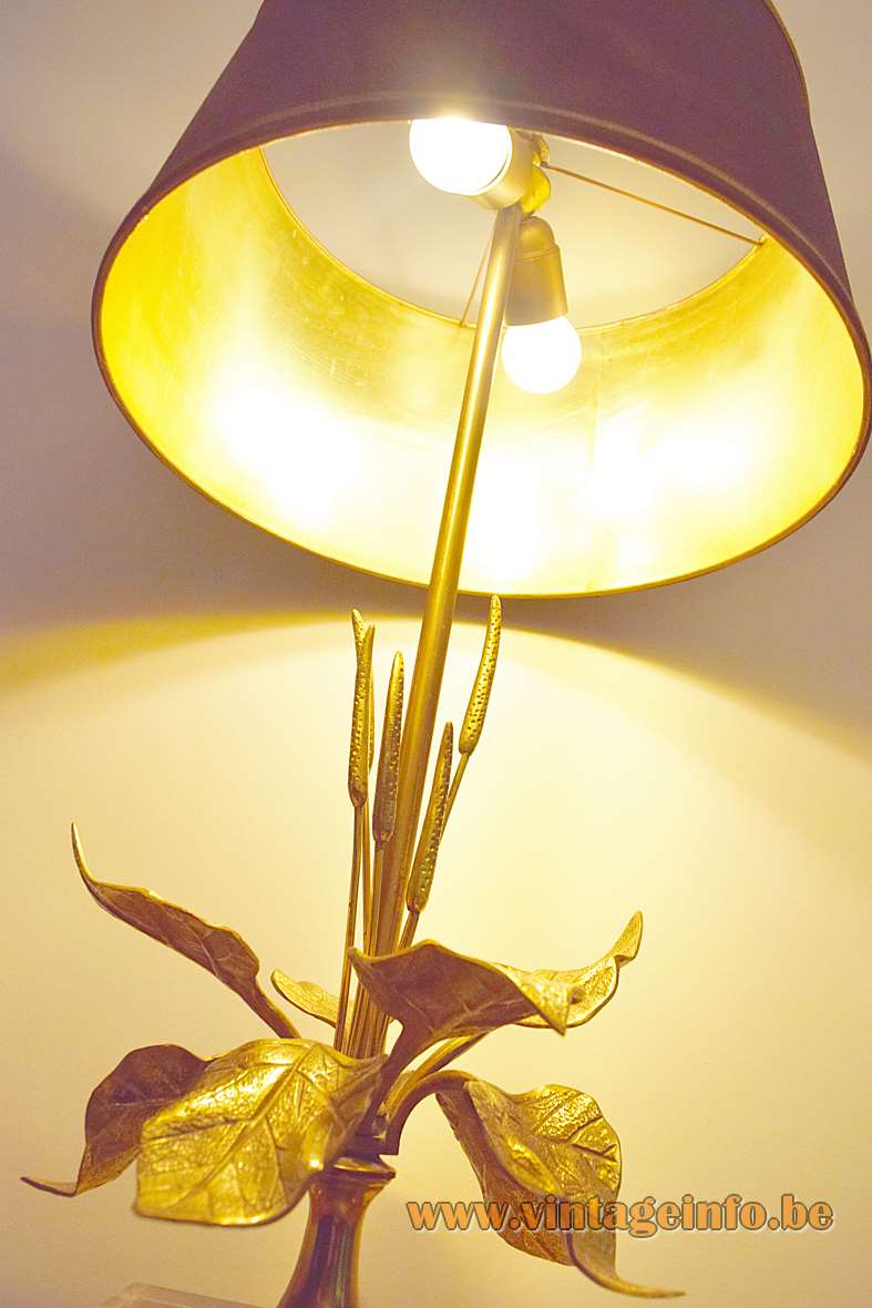 Cattail and lilies table lamp square brass & clear acrylic base bullrush leaves conical lampshade 1970s 1980s