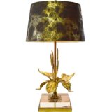 Cattail and lilies table lamp square brass & clear acrylic base bullrush leaves conical lampshade 1970s 1980s