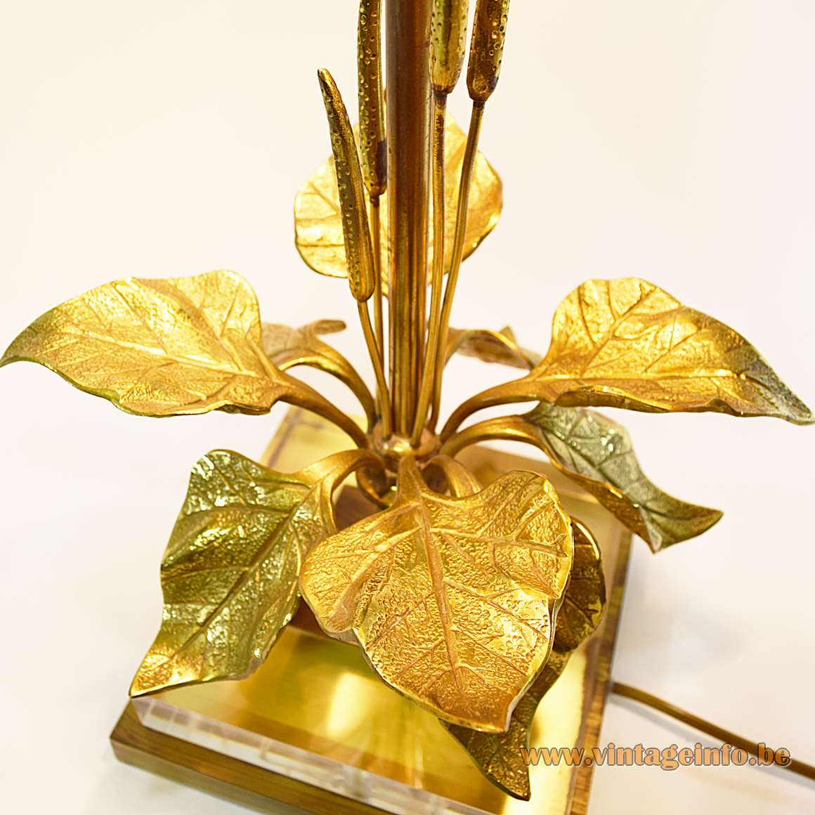 Cattail and Lilies Table Lamp square brass base clear acrylic block bronze plants Hollywood Regency