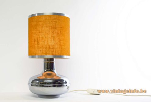 1970s Chrome Round Table Lamp chromed iron fabric lampshade chrome rims 1960s MCM