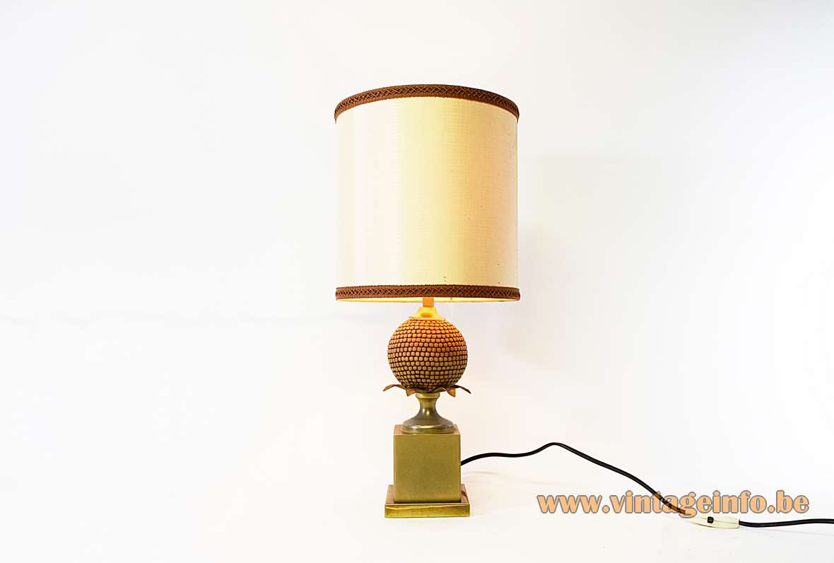 Le Dauphin corn table lamp square brass base globe & leaves fabric lampshade Mazet 1970s 1980s France