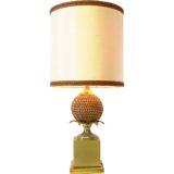 Le Dauphin corn table lamp square brass base globe & leaves fabric lampshade Mazet 1970s 1980s France