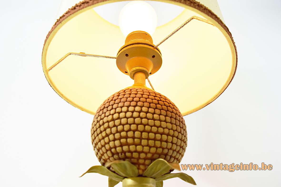 Le Dauphin corn table lamp square brass base globe & leaves fabric lampshade Mazet 1970s 1980s France