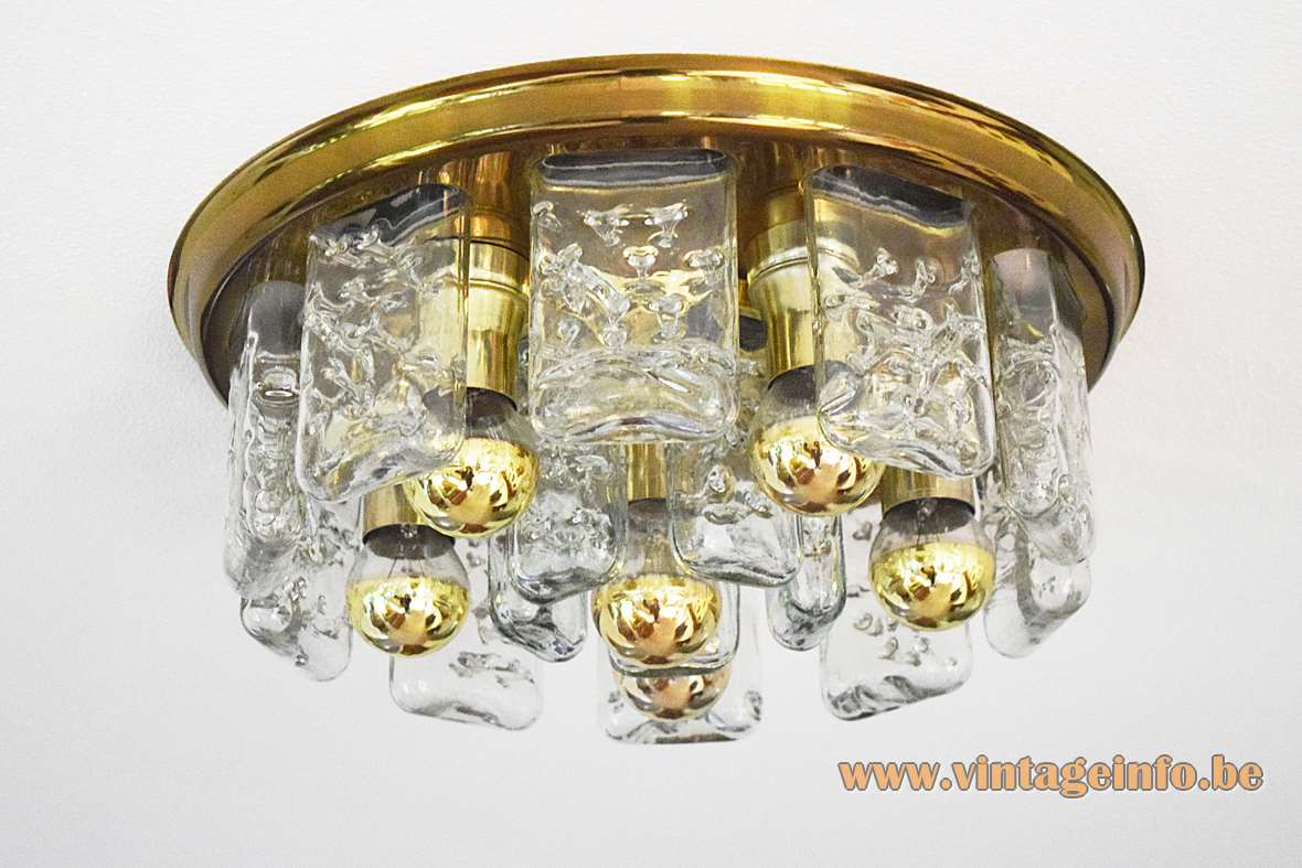 DORIA ice glass flush mount 15 curved glass blocks brass ceiling mount 1960s 1970s Germany vintage