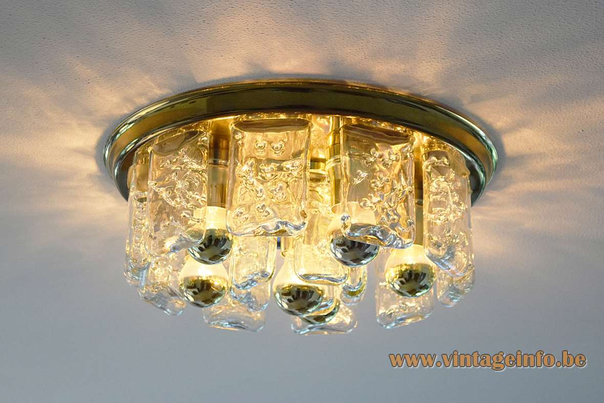 DORIA ice glass flush mount 15 curved glass blocks brass ceiling mount 1960s 1970s Germany vintage