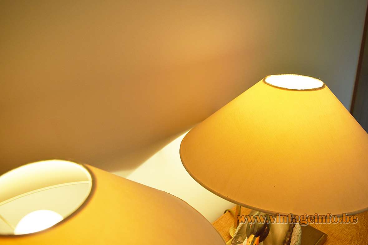 Ceramic duck table lamps rectangular brass base & rod conical stoneware bird fabric lampshade 1970s 1980s J.L.B.