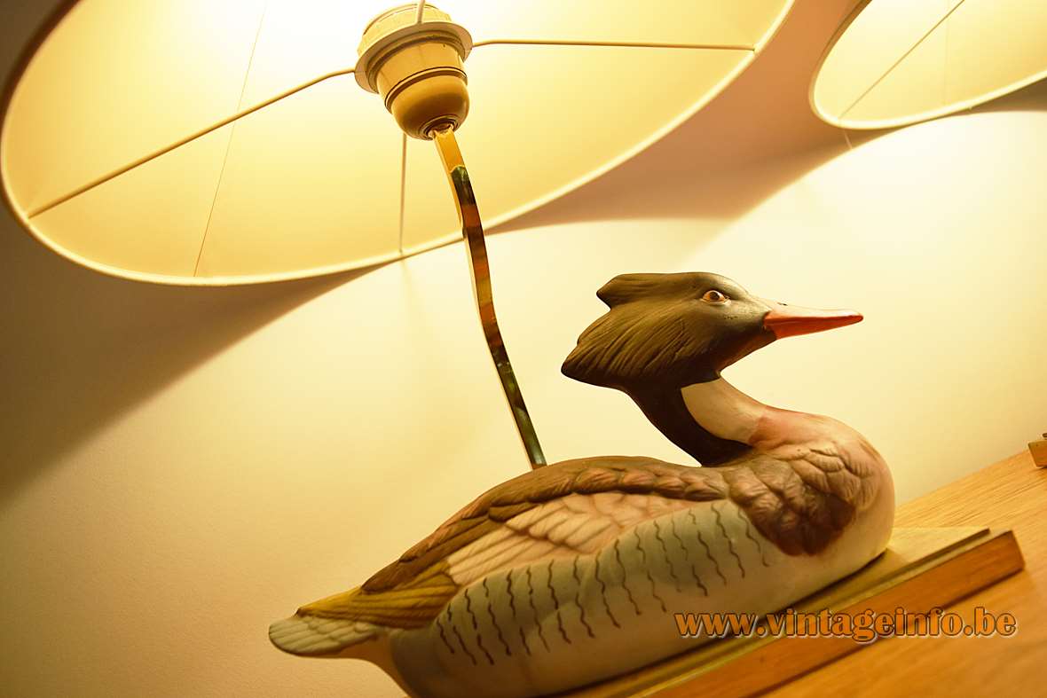 Ceramic duck table lamps rectangular brass base & rod conical stoneware bird fabric lampshade 1970s 1980s J.L.B.