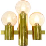 Hans-Agne Jakobsson wall lamp 3 thick round brass tubes & slats glass globe lampshades 1970s 1980s Sweden
