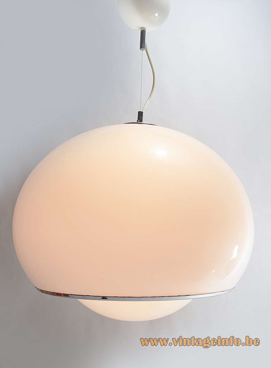 Harvey Guzzini Bud pendant lamp big globe white acrylic Perspex chrome ring 1960s 1970s vintage light