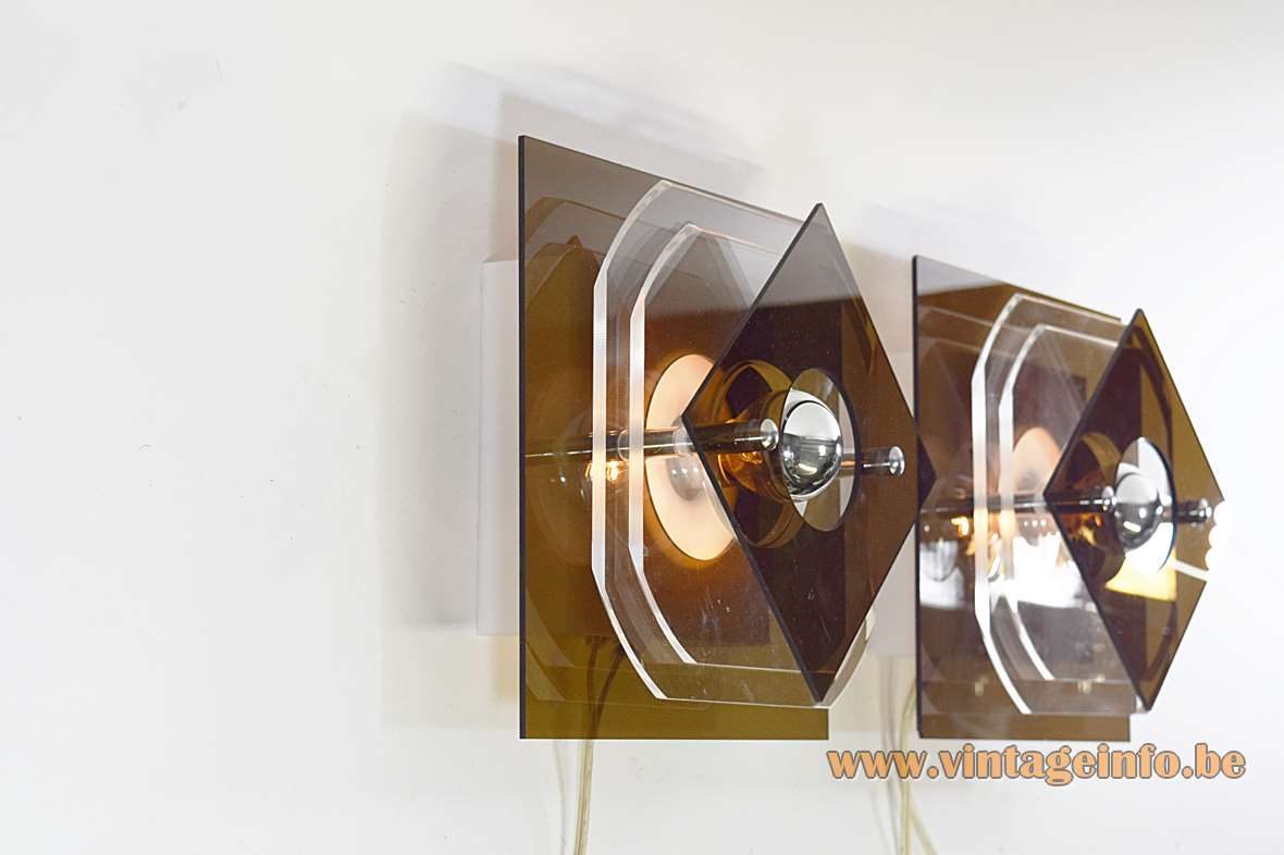 Herda square acrylic wall lamps brown smoked & clear plastic discs lampshades E14 socket 1970s The Netherlands