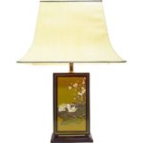 Big Hokkaido table lamp black rectangular wood base Japanse ducks pagoda lampshade Le Dauphin 1970s 1980s