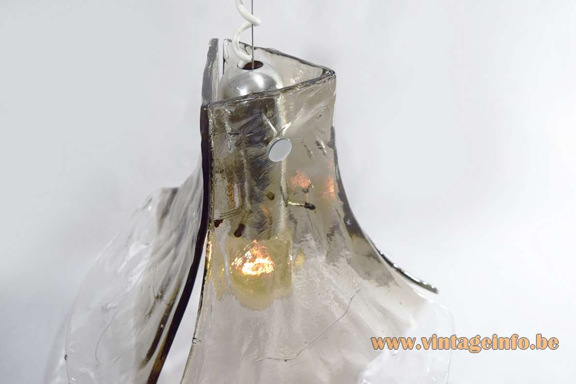 Kalmar smoked glass pendant lamp 3 big Murano leaves petals design: Carlo Nason 1960s 1970s vintage