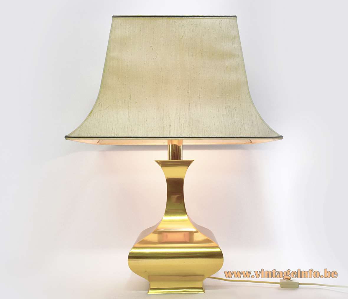 Maria Pergay Balustre table lamp square brass base concave neck fabric pagoda lampshade 1970s design France