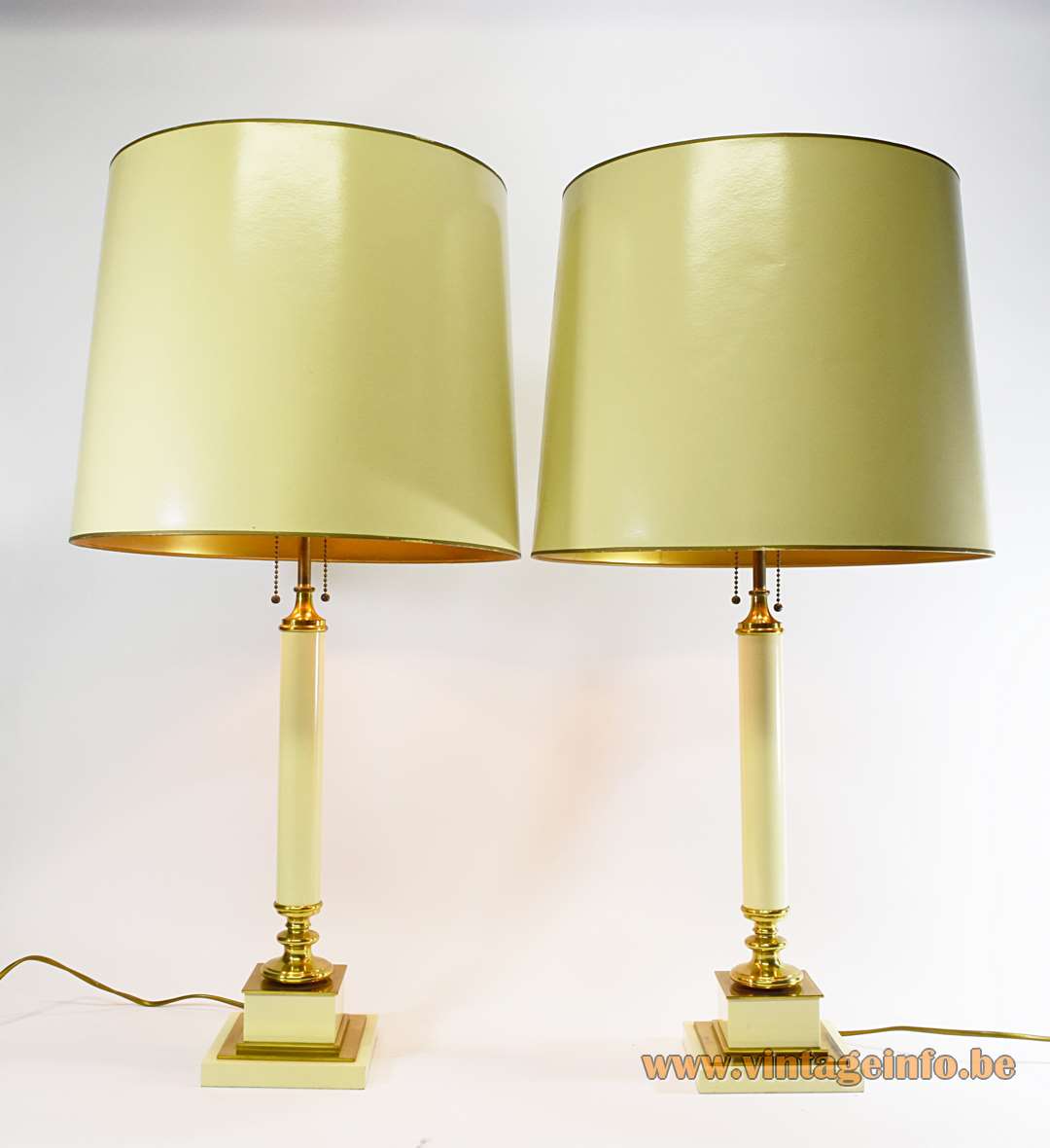 Neoclassical table lamps square vanilla cream base brass parts cardboard lampshades 1970s 1980s Deknudt Lighting Belgium