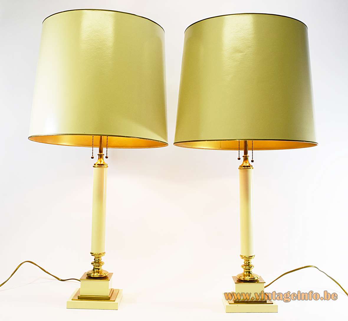 Neoclassical table lamps square vanilla cream base brass parts cardboard lampshades 1970s 1980s Deknudt Lighting Belgium