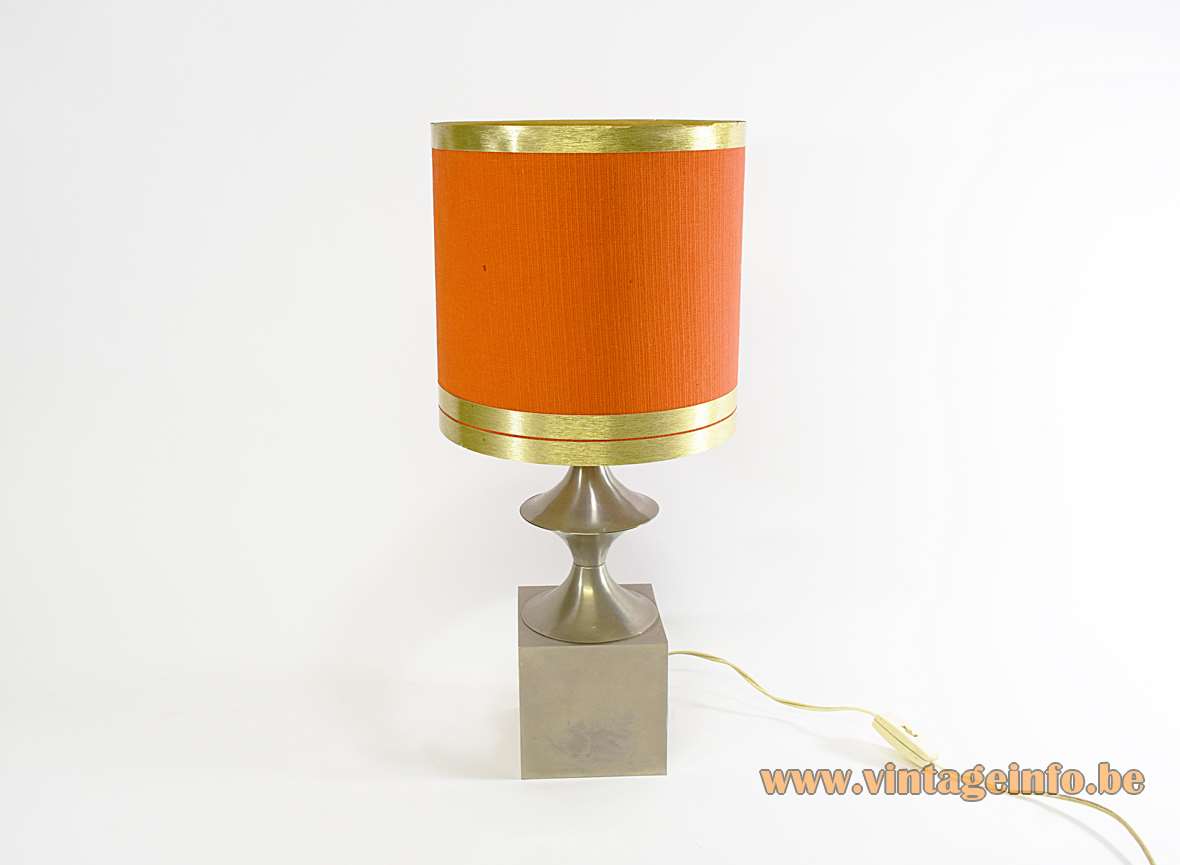 Nickel-plated modernist table lamp geometric square base Saturn disc round lampshade 1960s 1970s Italy