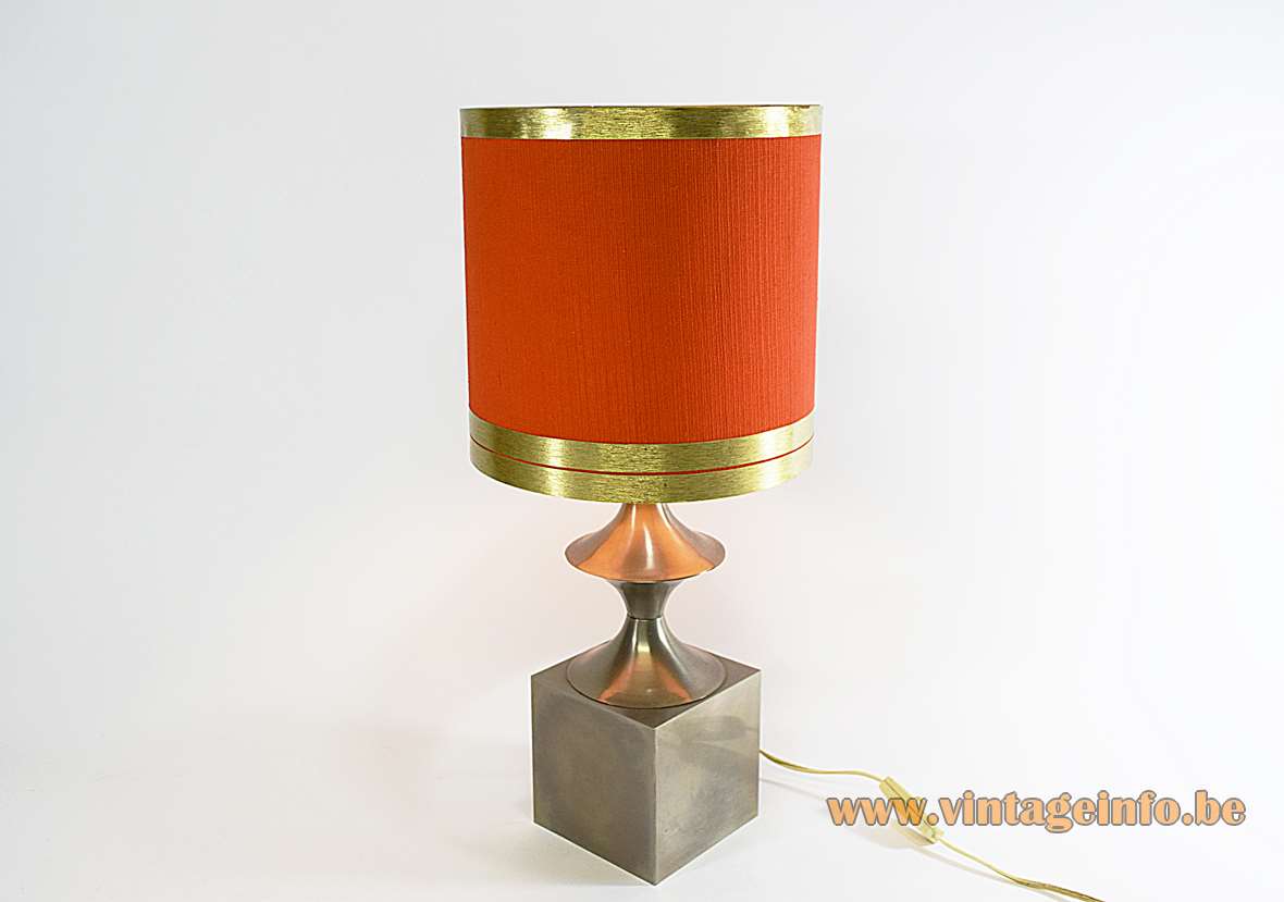 Nickel-plated modernist table lamp geometric square base Saturn disc round lampshade 1960s 1970s Italy