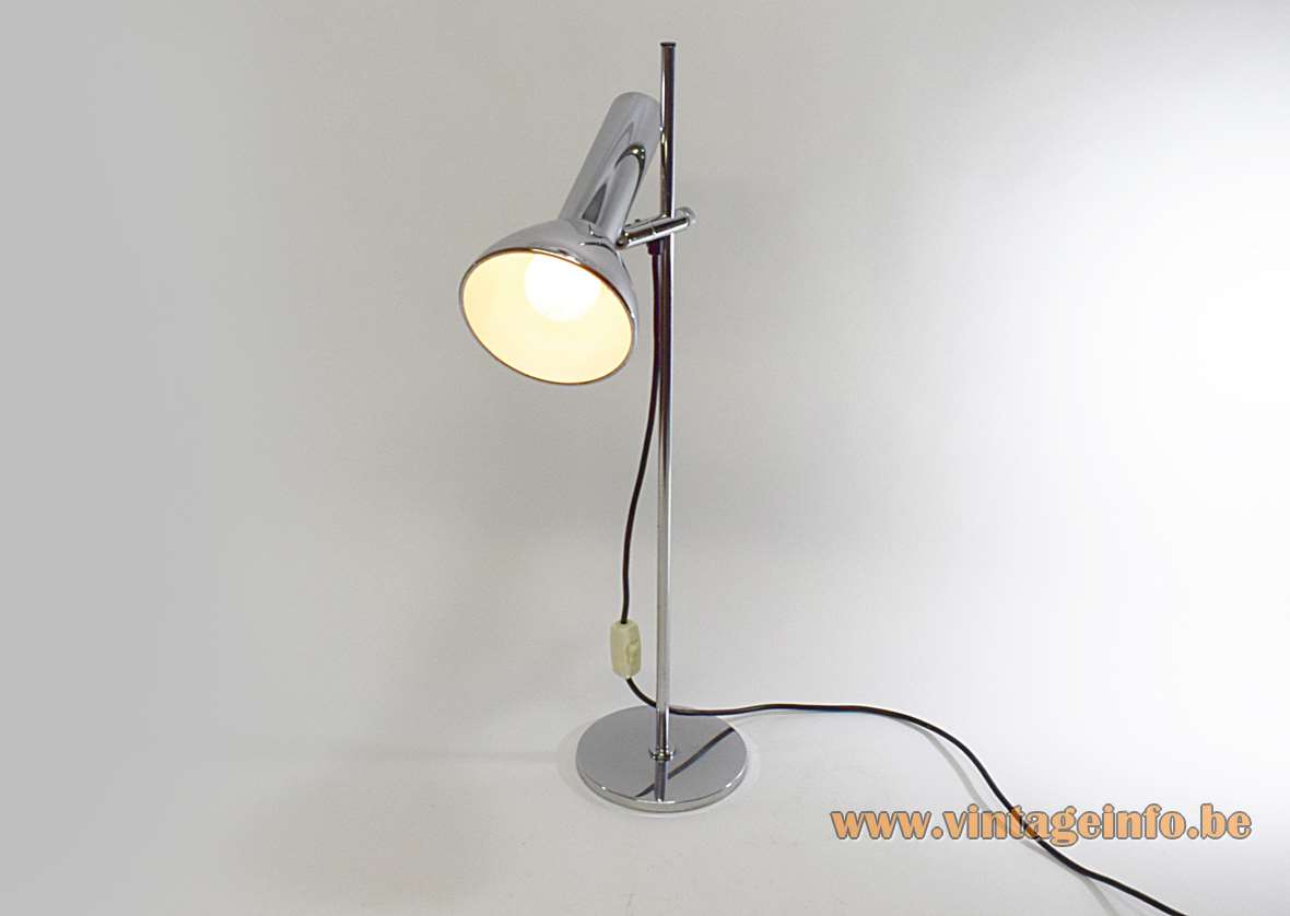 OMI chrome desk lamp Koch & Lowy design metal base & rod elongated lampshade Fase 1970s Spain