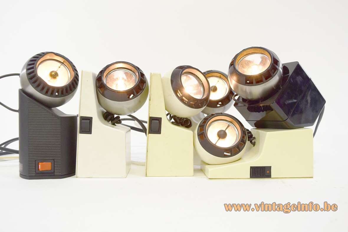 Osram Minispot rectangular white & black plastic base magnet metal globe lampshade 1970s 1980s table lamps Germany