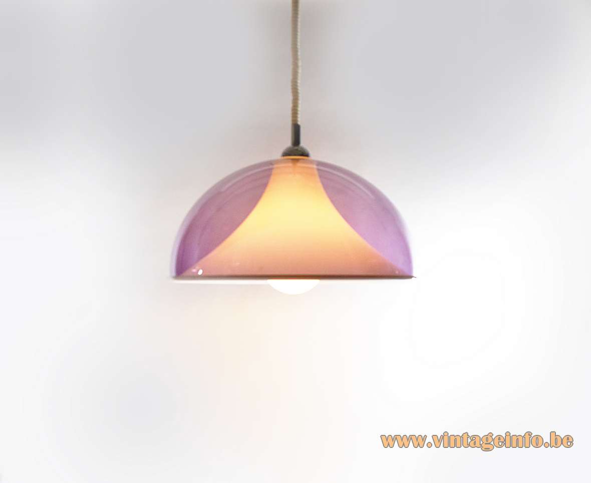 Acrylic rise & fall pendant lamp clear purple half round mushroom lampshade white Perspex diffuser 1960s 1970s