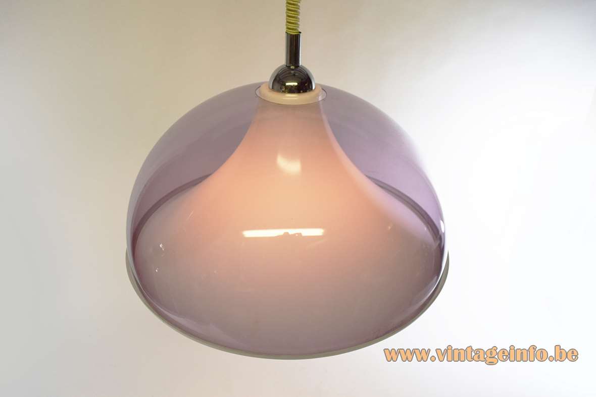Acrylic rise & fall pendant lamp clear purple half round mushroom lampshade white Perspex diffuser 1960s 1970s