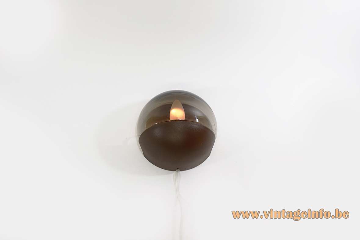 Smoked glass wall lamp half round glass globe lampshade brown plastic base HP Leuchten Germany 1970s