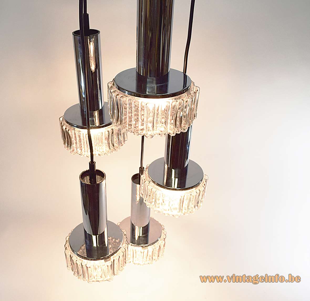 Staff bubble glass pendant chandelier cascading round smoked embossed glass lampshades chrome tubes 1960s 1970s Germany