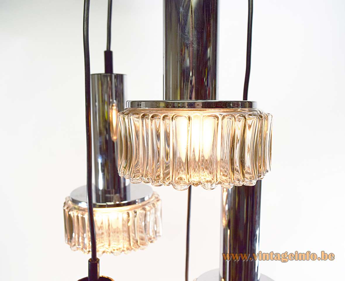 Staff bubble glass pendant chandelier cascading round smoked embossed glass lampshades chrome tubes 1960s 1970s Germany