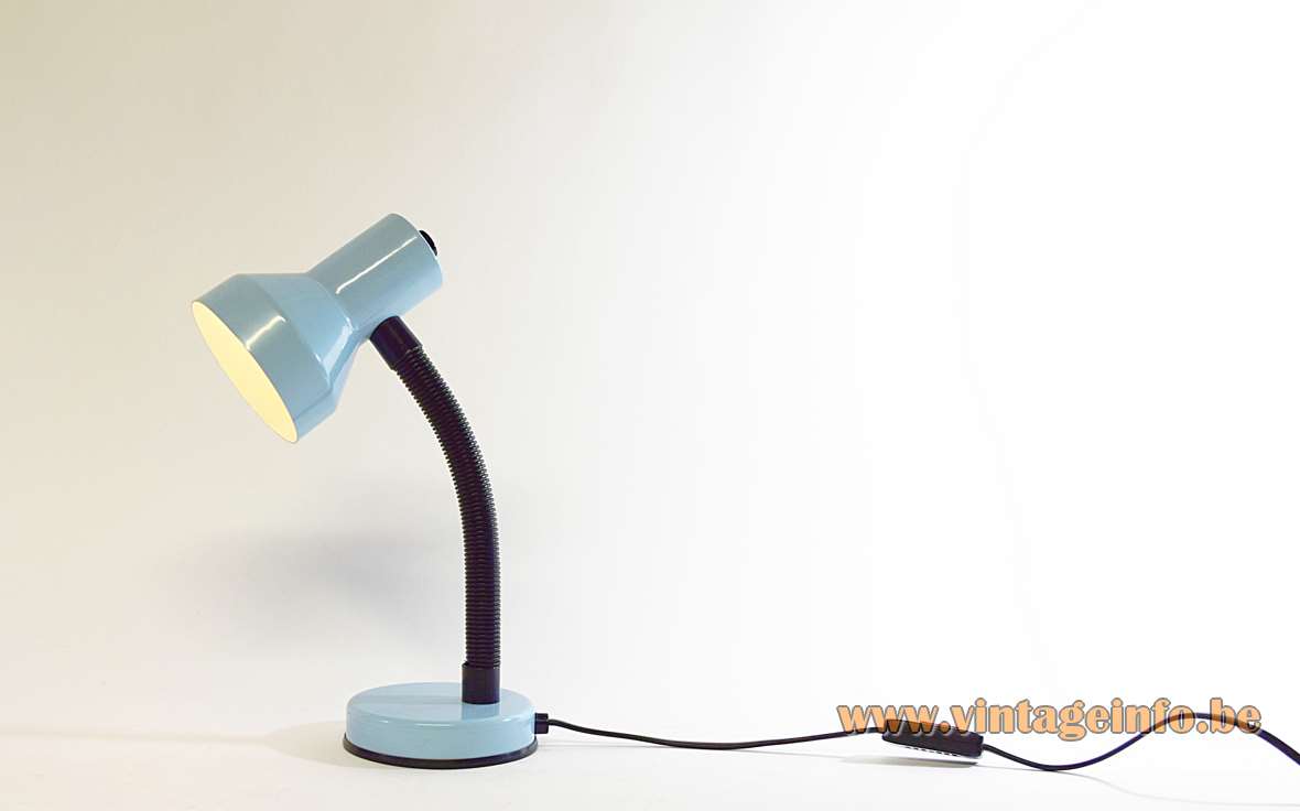 Veneta Lumi gooseneck desk lamp light blue metal base & lampshade ribbed black plastic tube 1980s Italy