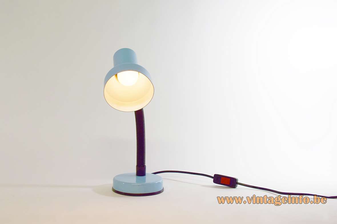 Veneta Lumi gooseneck desk lamp light blue metal base & lampshade ribbed black plastic tube 1980s Italy