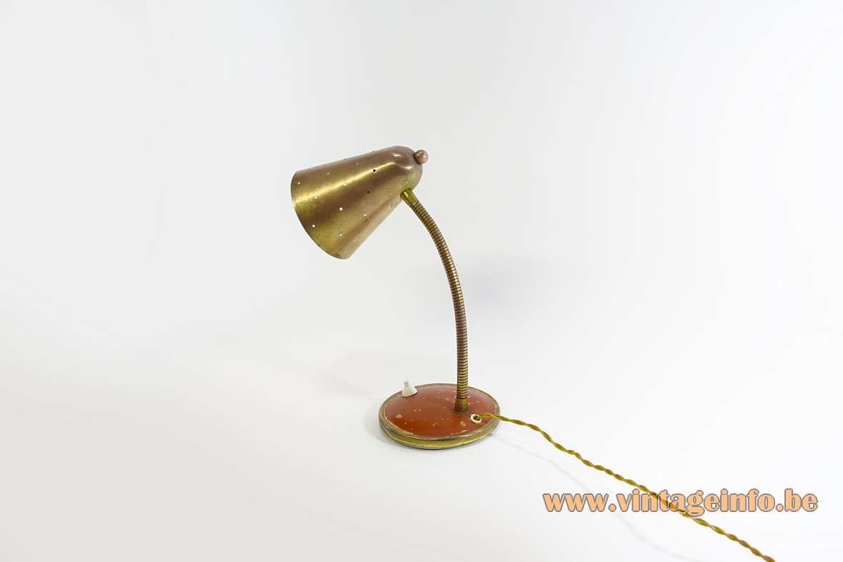 Vereinigte Werkstätten desk lamp red round brass base goose-neck conical perforated lampshade 1930s 1940s 1950s Germany