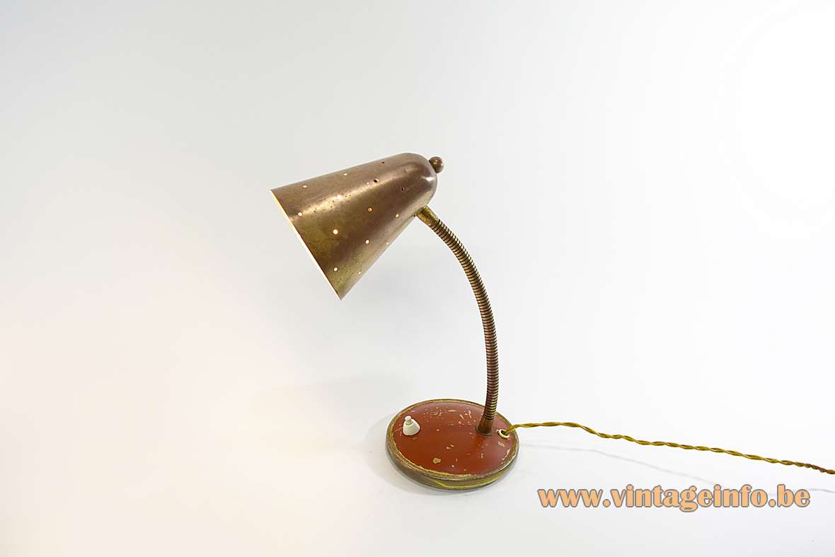 Vereinigte Werkstätten desk lamp red round brass base goose-neck conical perforated lampshade 1930s 1940s 1950s Germany