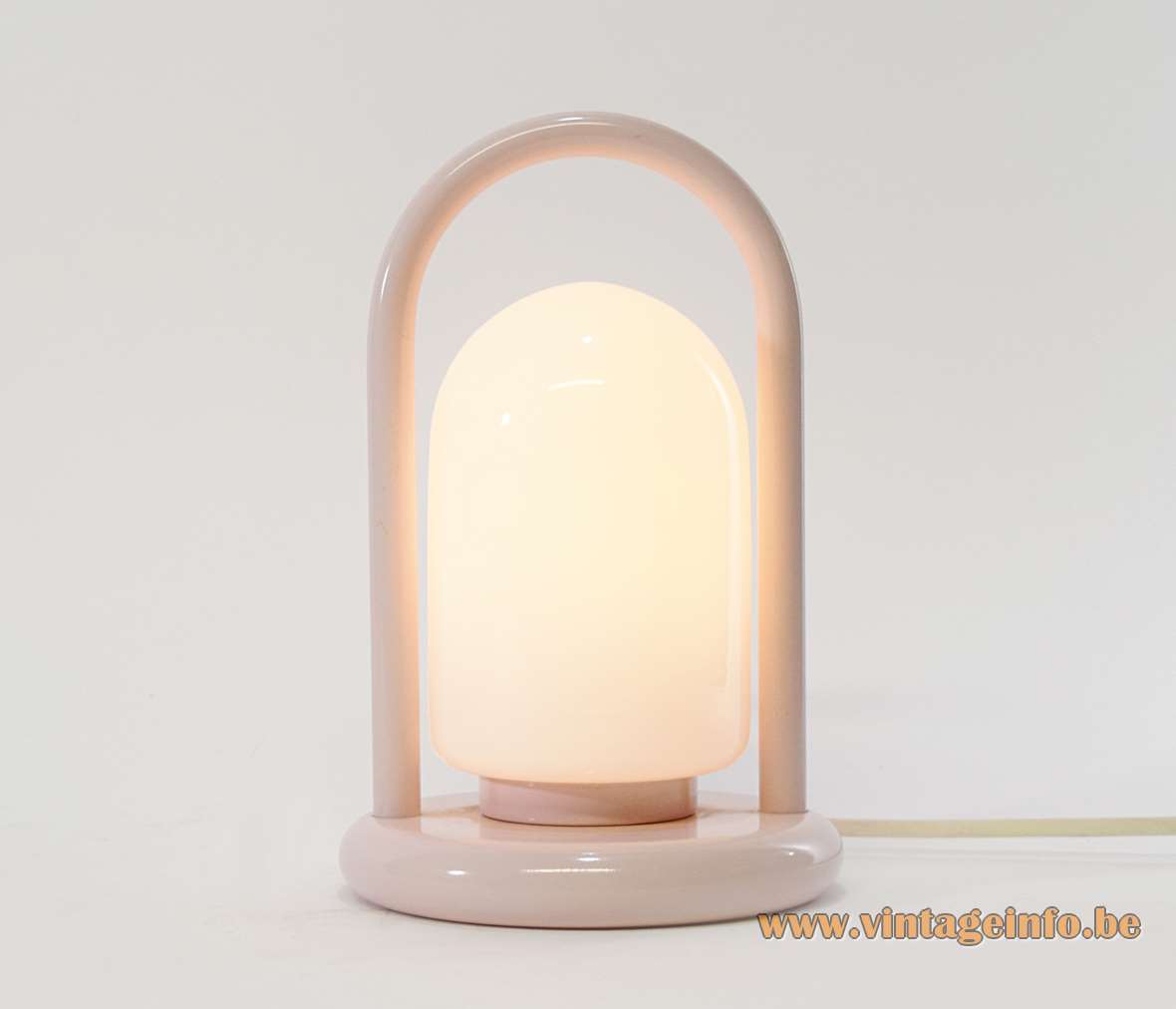 1980s pink handle table lamp round base white opal glass lampshade Massive Belgium design Romolo Lanciani 