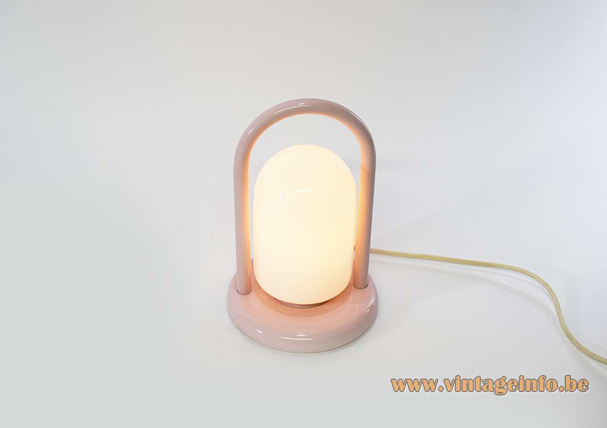 1980s pink handle table lamp round base white opal glass lampshade Massive Belgium design Romolo Lanciani 