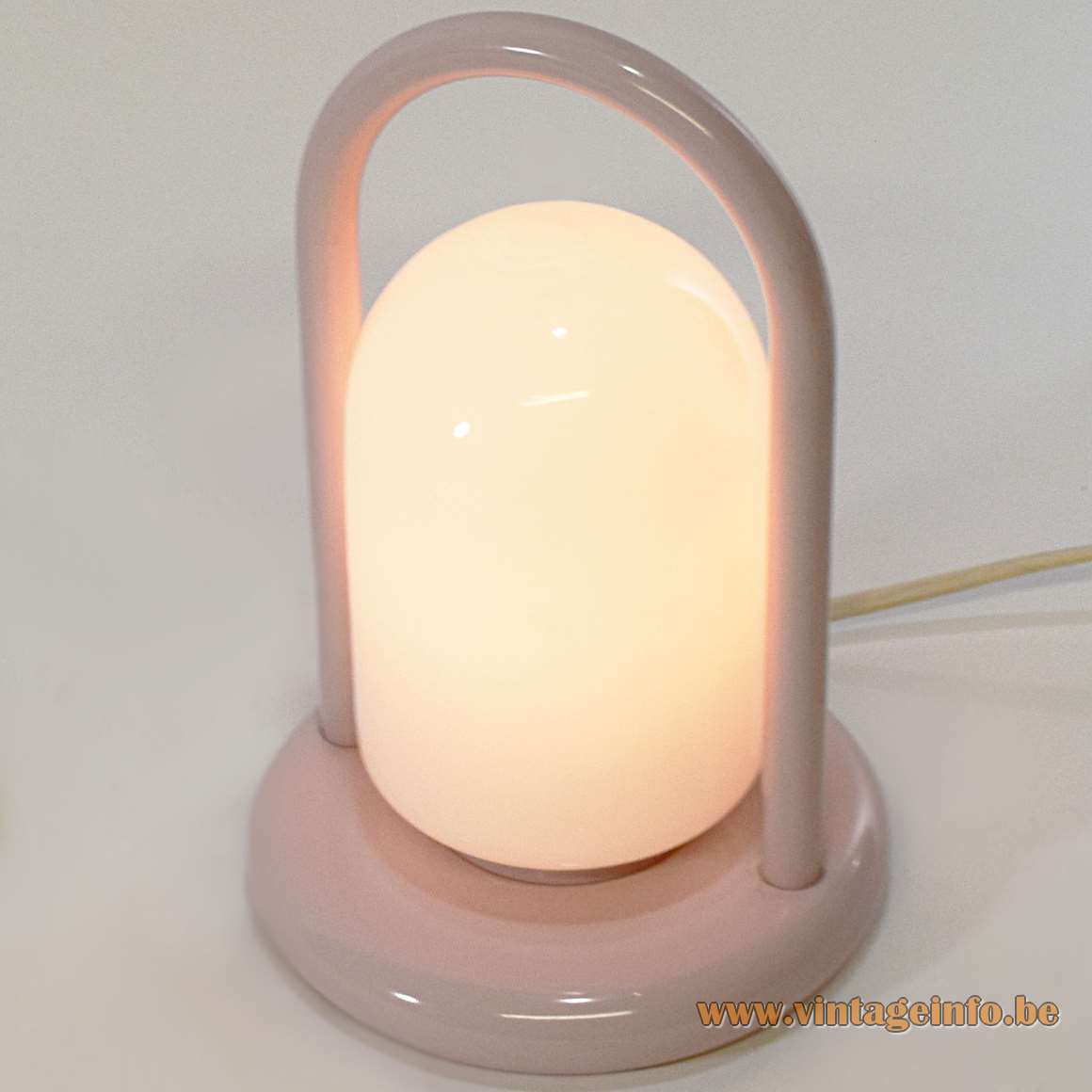 1980s Pink Handle Table Lamp white opal glass round base Tronconi Tender style Romolo Lanciani Massive