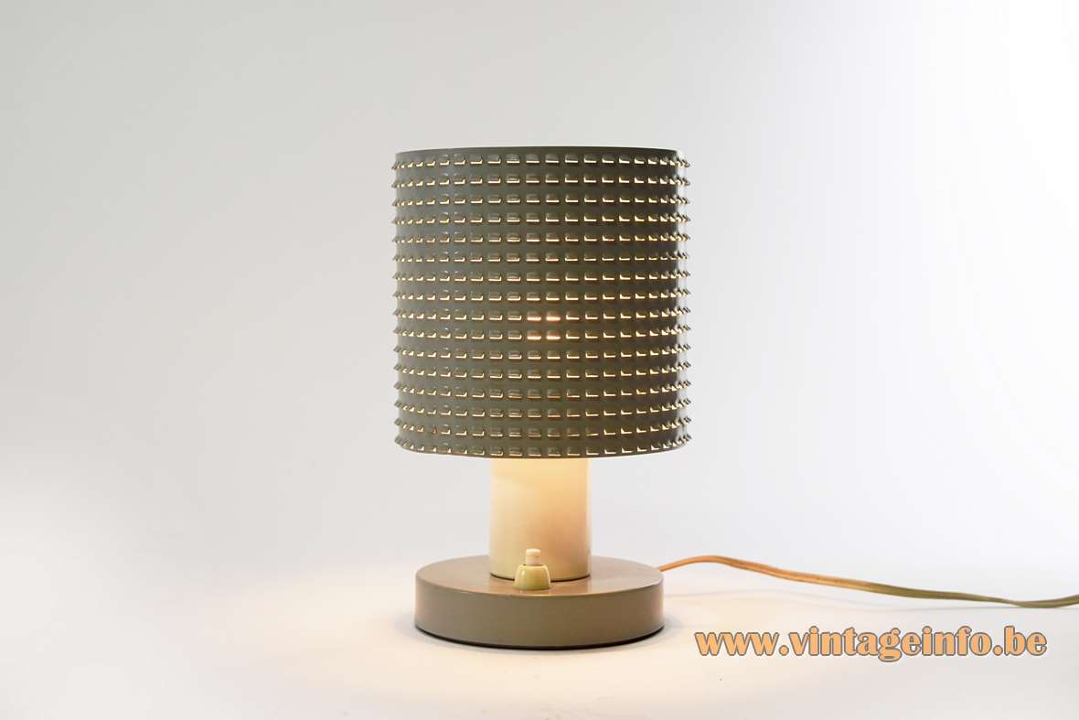 Hala Fiesta table lamp round grey metal base tubular perforated grid lampshade E14 socket 1950s 1960s