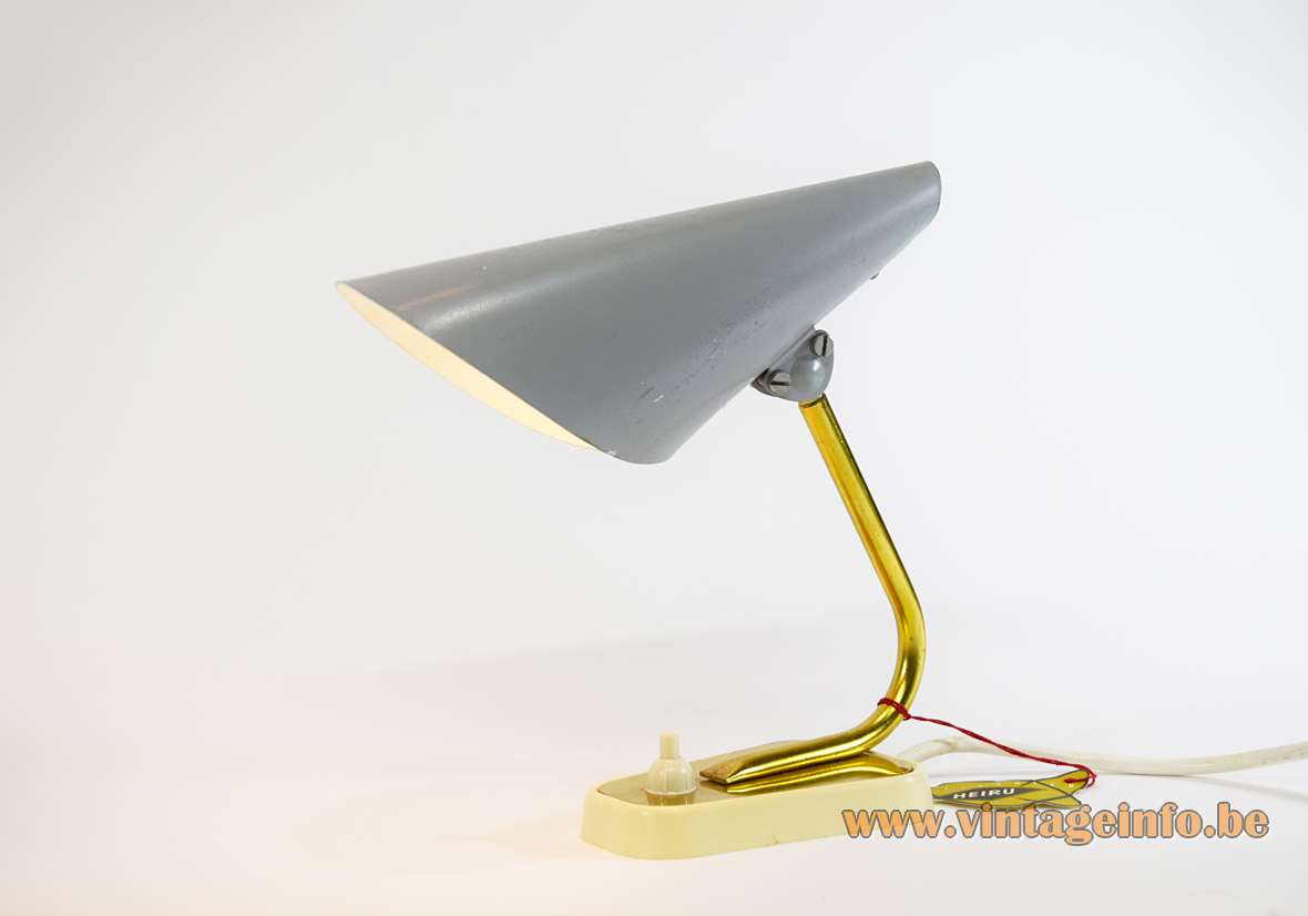 Heiru Leuchten conical table lamp plastic & brass base curved rod folded grey lampshade 1960s Austria