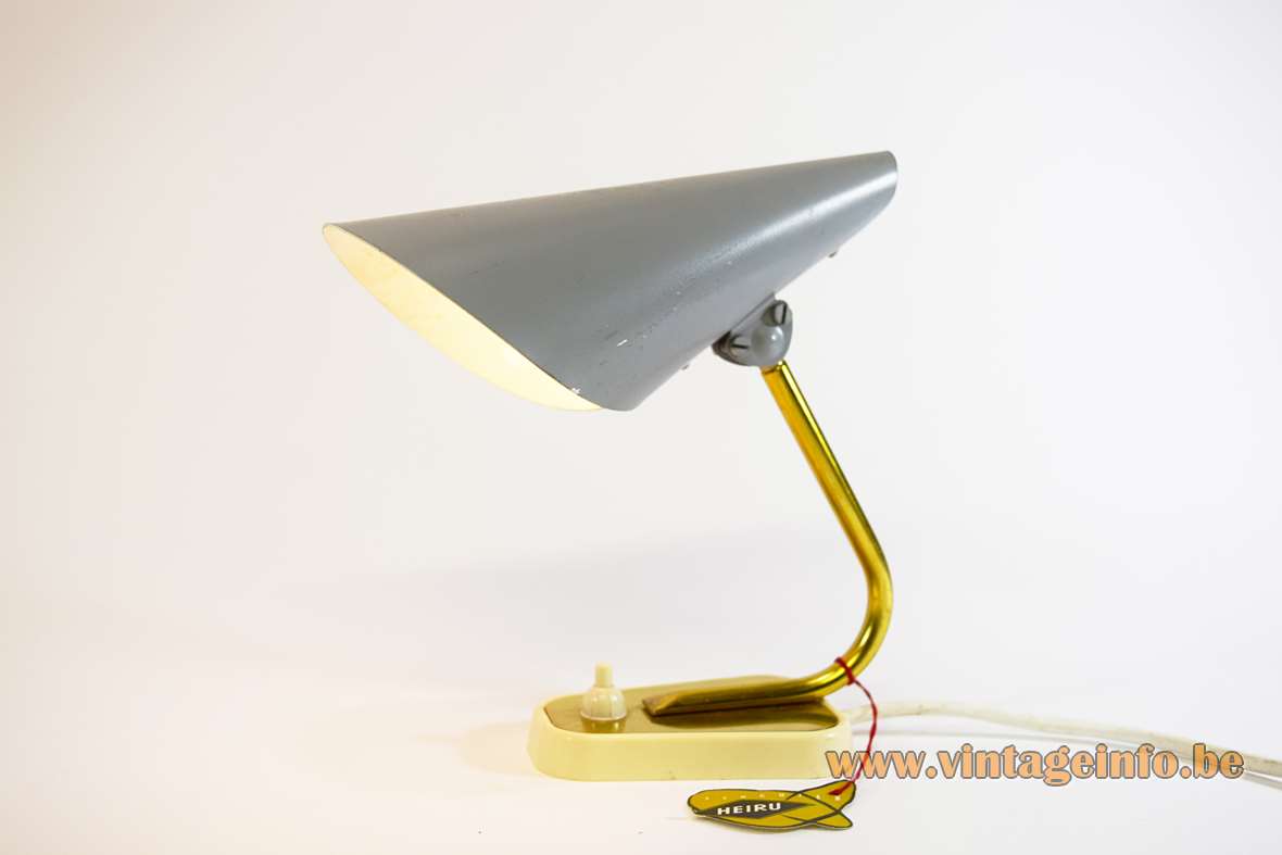 Heiru Leuchten conical table lamp plastic & brass base curved rod folded grey lampshade 1960s Austria