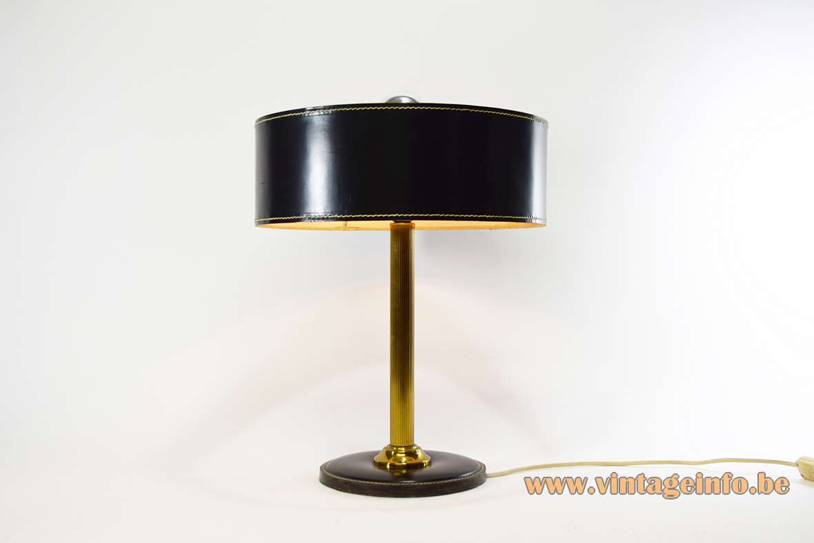 Black leather round base desk lamp ribbed brass rod open clad lampshade Jacques Adnet 1970s 1980s