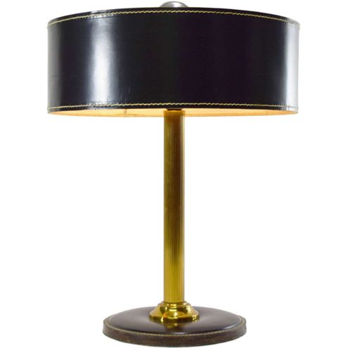 Black leather round base desk lamp ribbed brass rod open clad lampshade Jacques Adnet 1970s 1980s