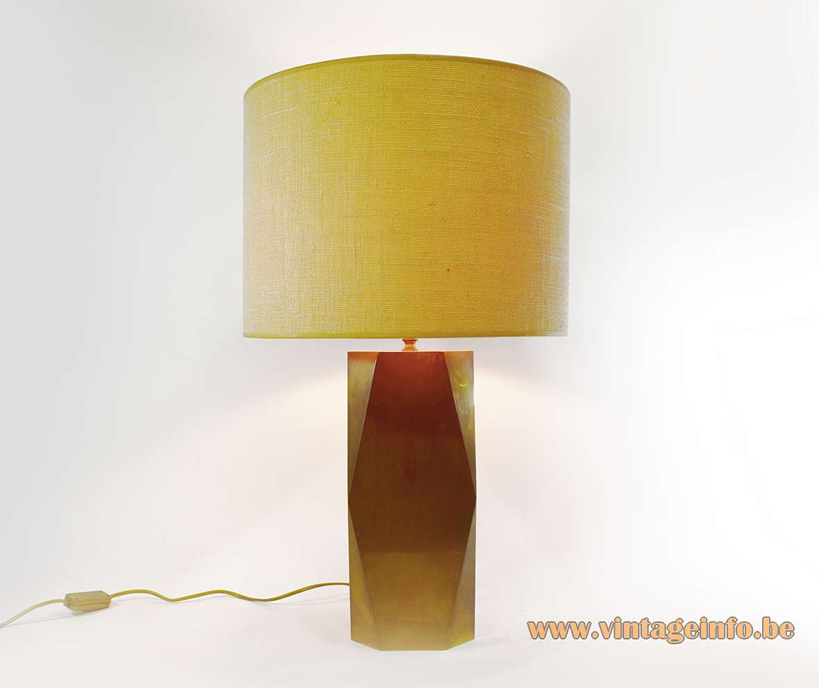 1980s brass geometric table lamp oblong hollow metal base round tubular fabric lampshade 1970s Massive Belgium