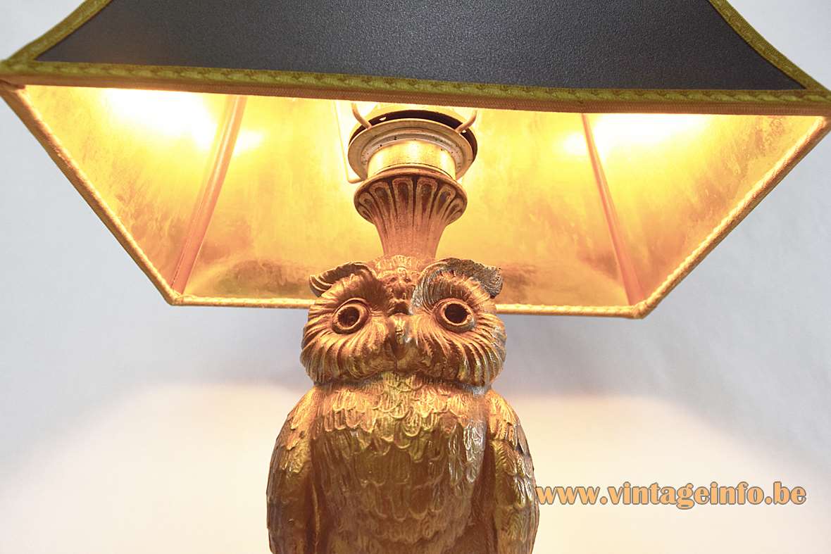 Owl table lamp gilded gold plated metal bird Loevsky & Loevsky USA black pagoda lampshade 1960s 1970s