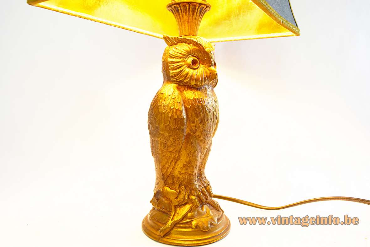 Owl table lamp gilded gold plated metal bird Loevsky & Loevsky USA black pagoda lampshade 1960s 1970s