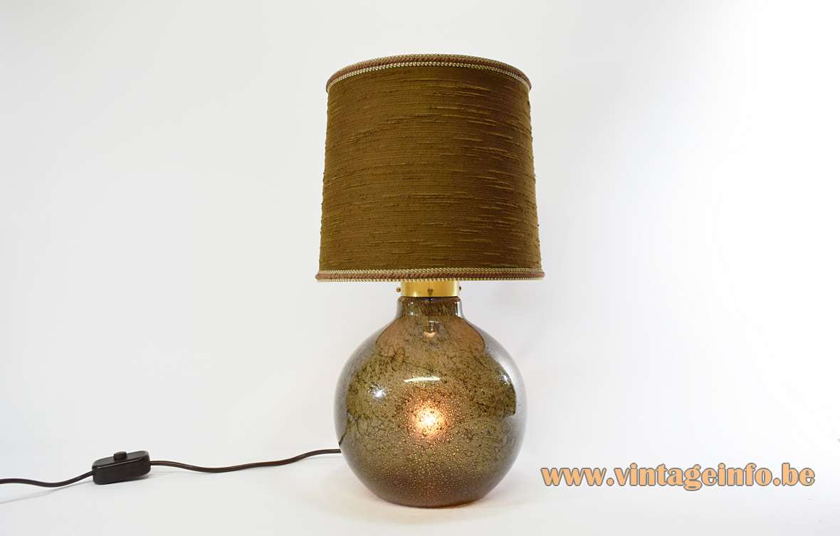 Peill + Putzler bubble glass table lamp brown globe bottle base round conical fabric lampshade 1970s Germany